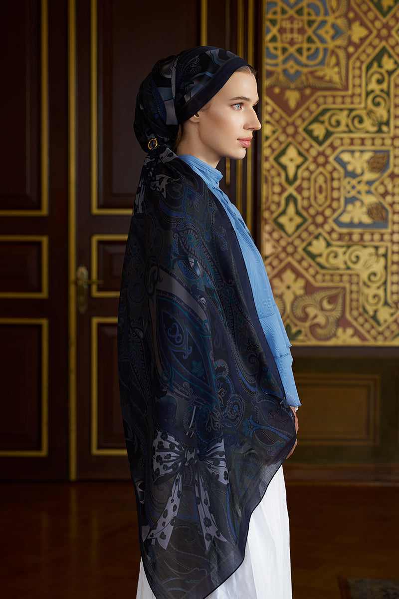 Pamuk İpek Floş Vespera Şal - Lacivert