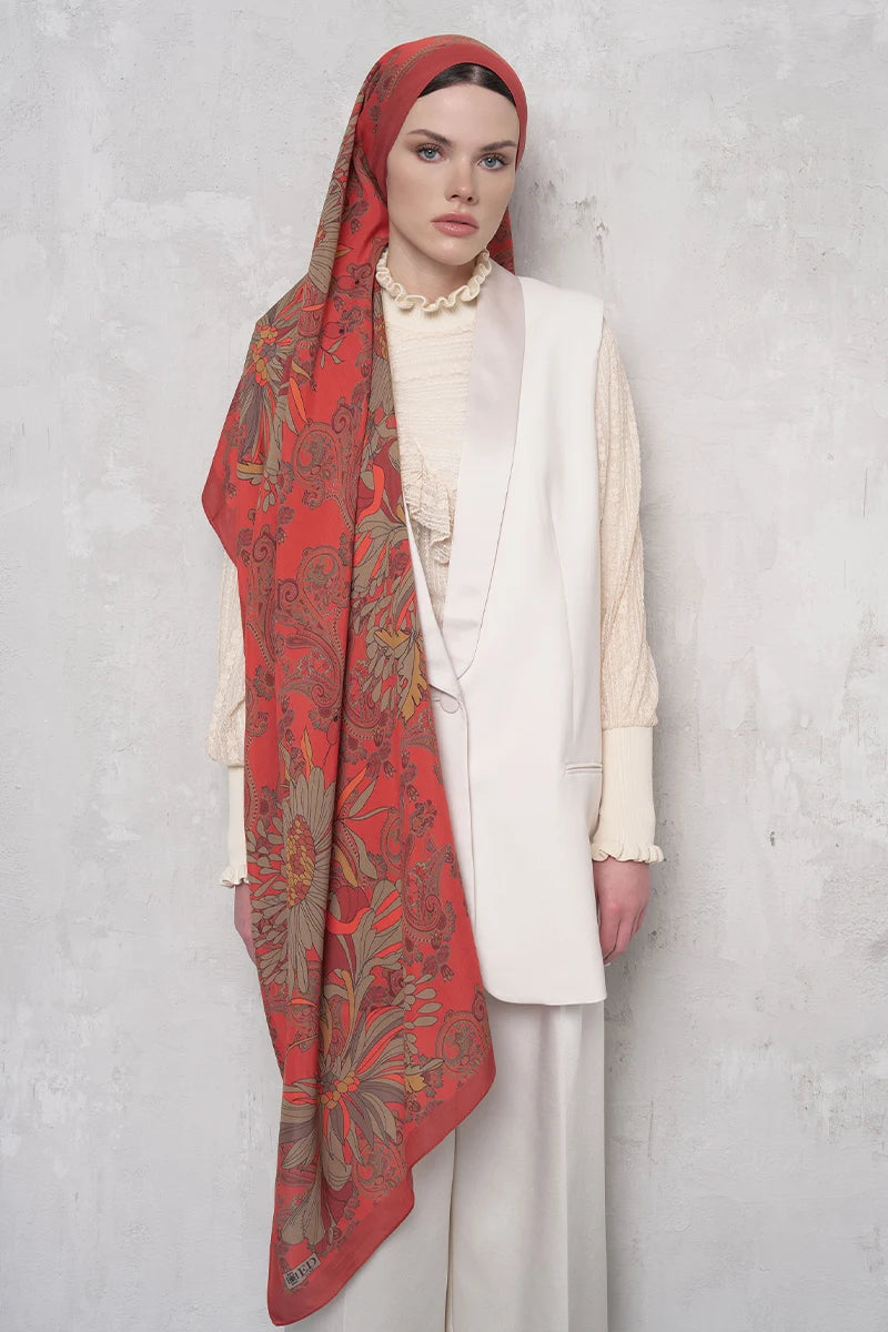 Floş Viskon Şal Flare Desen - Turuncu