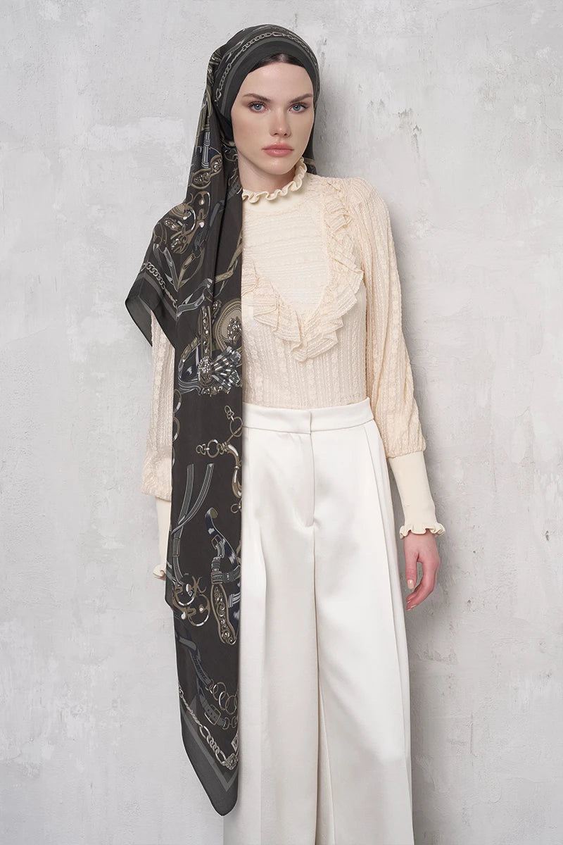 Floş Viskon Şal Harness Desen - Acı Kahve