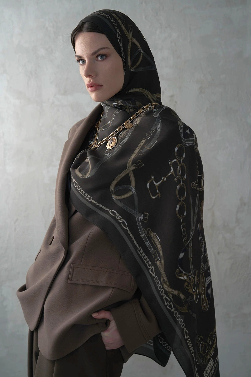 Floş Viskon Şal Harness Desen - Acı Kahve