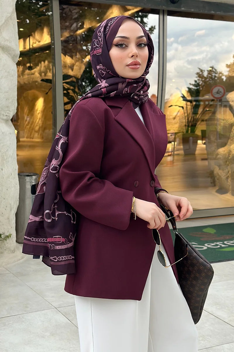 Floş Viskon Şal Harness Desen - Mürdüm