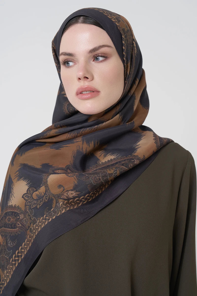 Floş Viskon Şal Lace Leopar Desen - Kahverengi