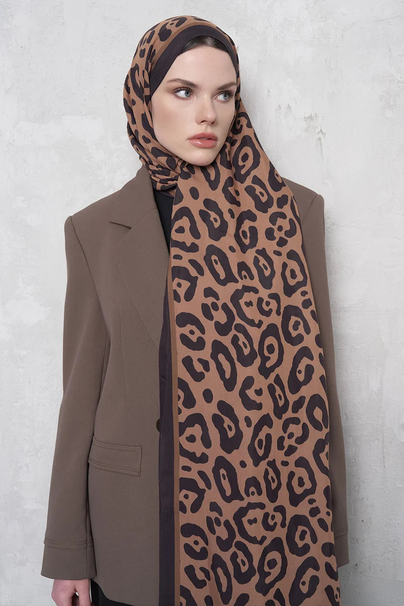 Floş Viskon Şal Leopar Desen - Kahverengi