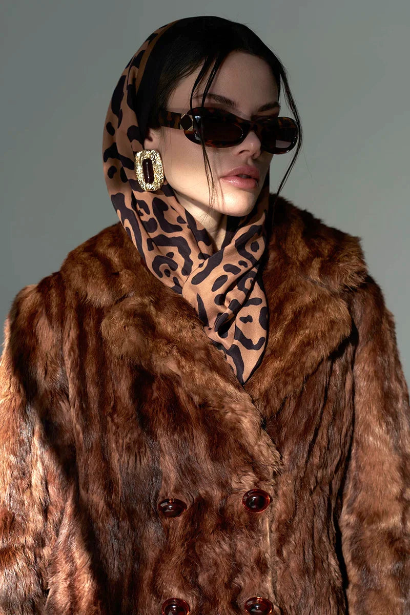 Floş Viskon Şal Leopar Desen - Kahverengi