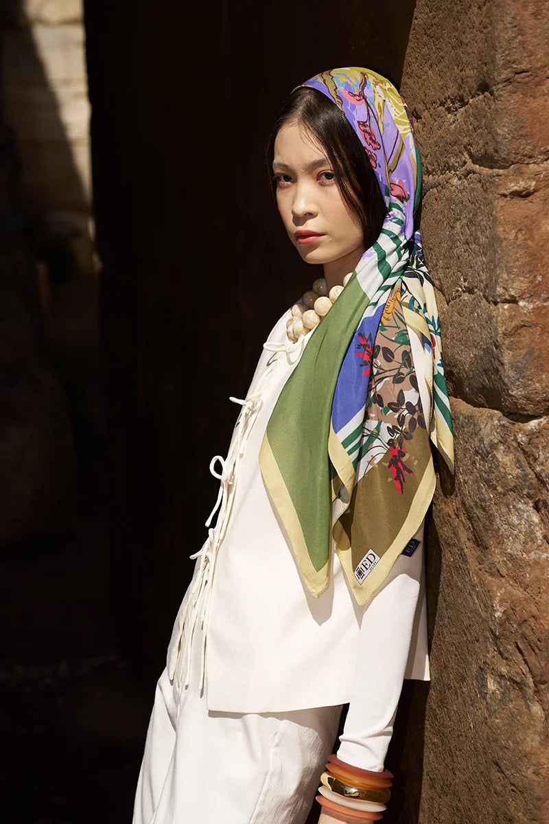 Glaze Botanic Desen Eşarp - Yeşil