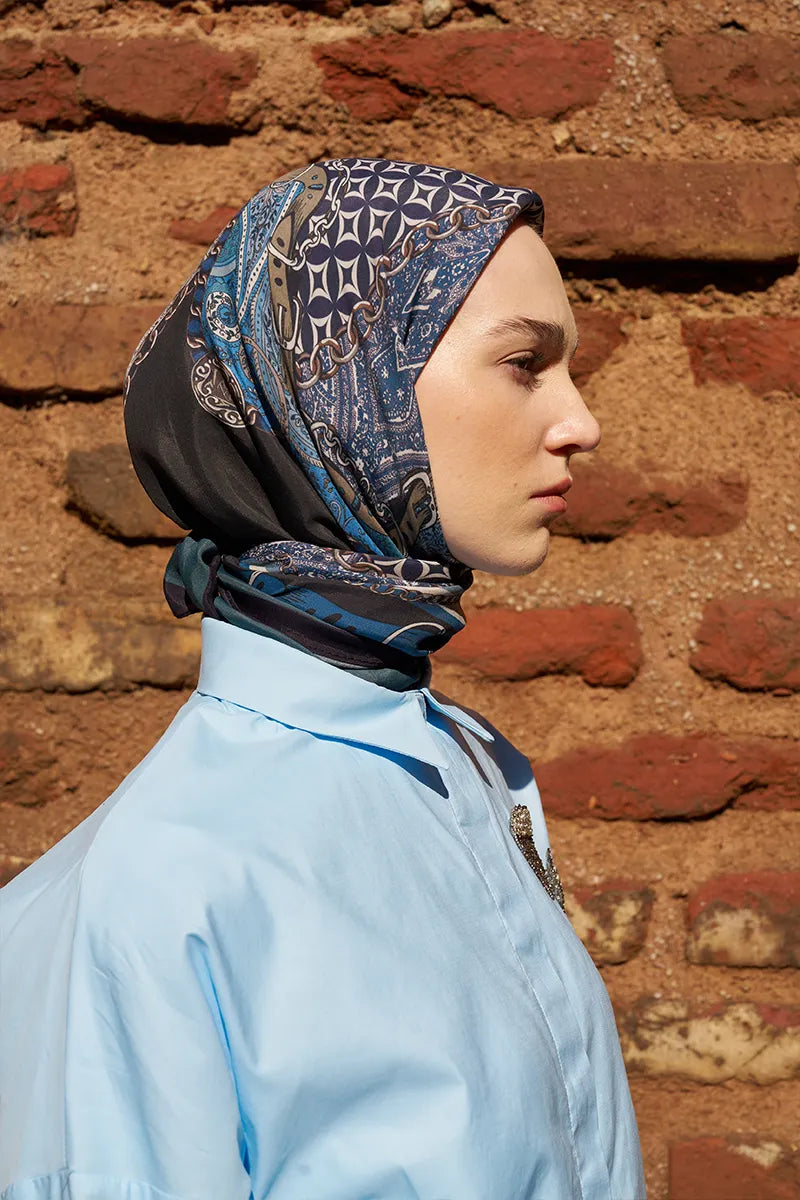 Glaze Chain Desen Eşarp - Lacivert