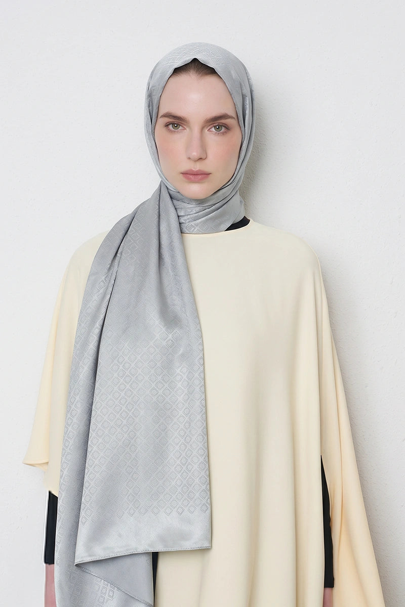 Silky Jacquard Shawl, Square Pattern - Blue and Grey