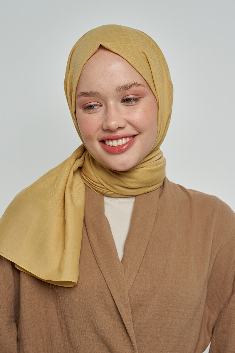 Cotton Scarf with Striped Pattern - Mustard