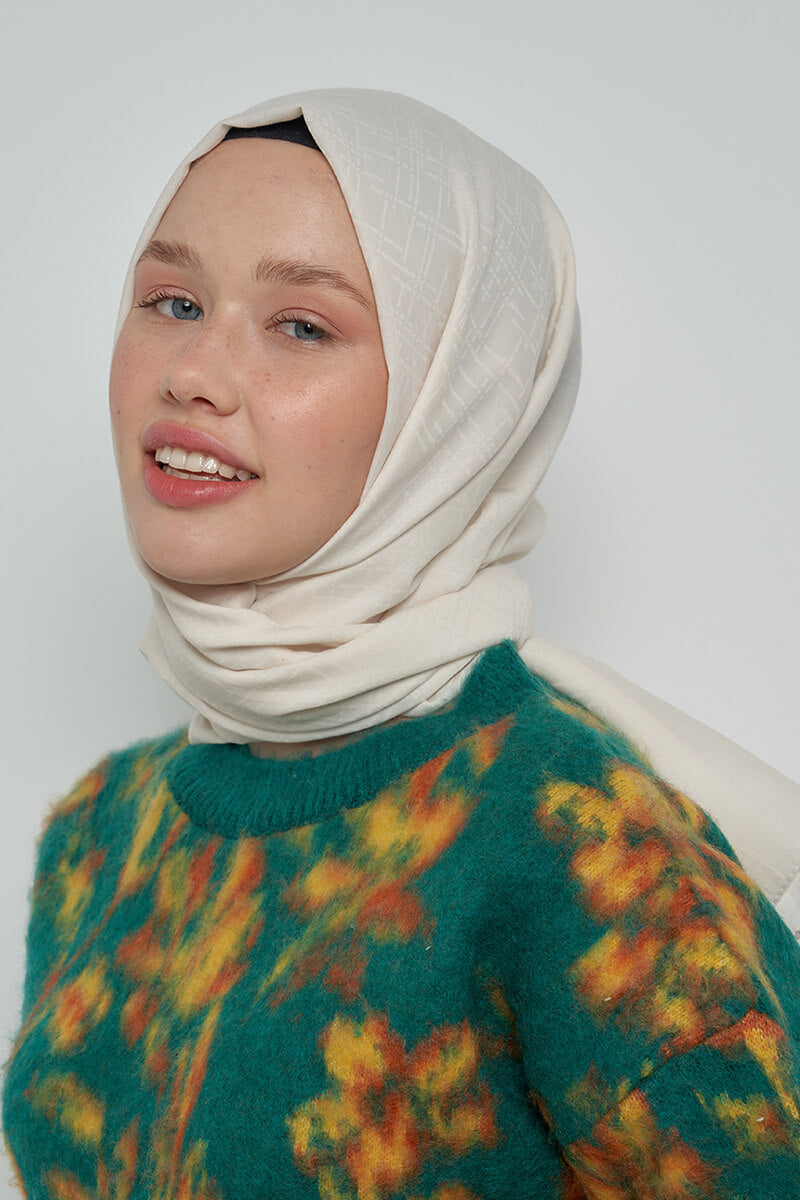 Pamuklu Şal Çizgi Desen - Kırık Beyaz