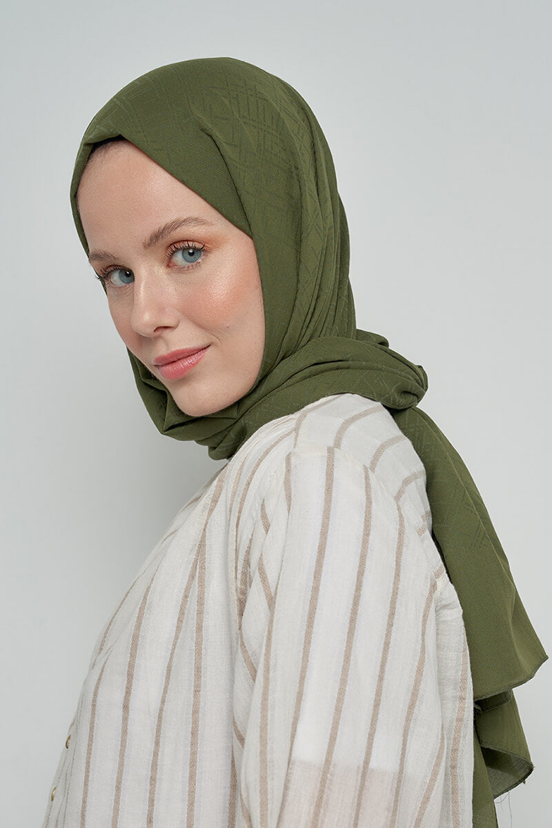 Cotton Shawl with Striped Pattern - Olive Green