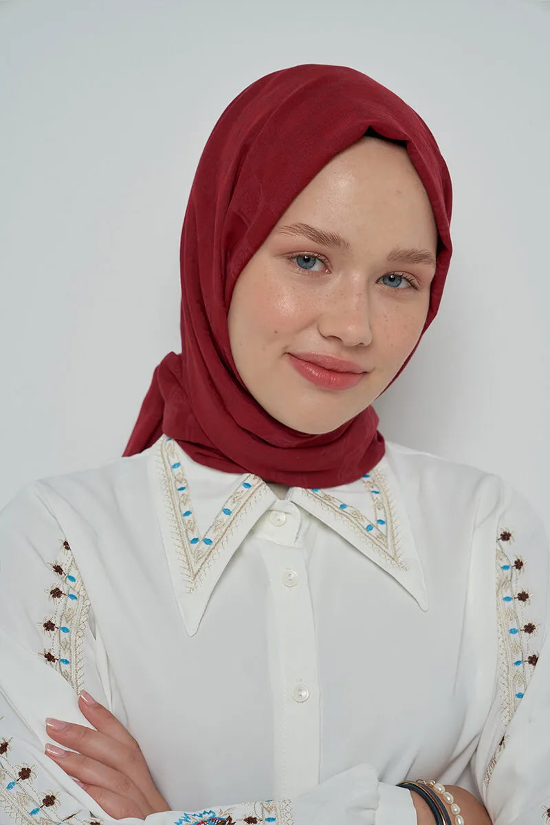 Cotton Scarf with Monogram Pattern - Burgundy