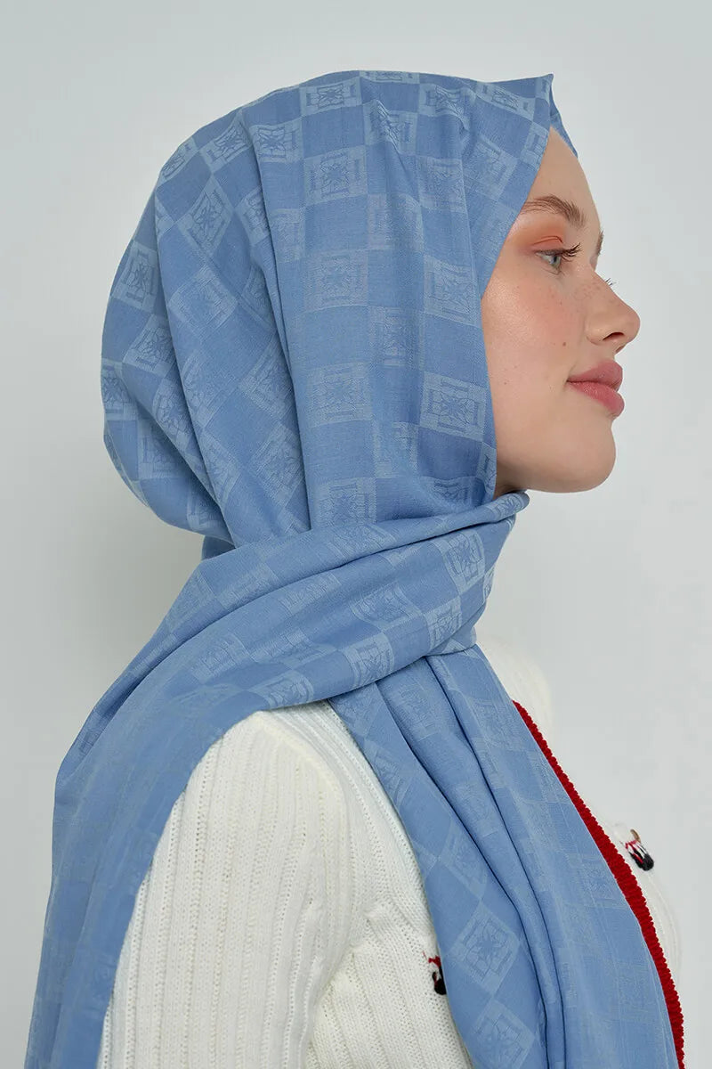 Pamuklu Şal Monogram Desen - Mavi