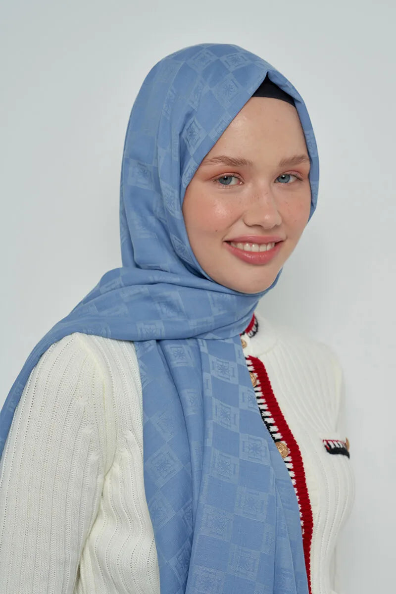 Pamuklu Şal Monogram Desen - Mavi