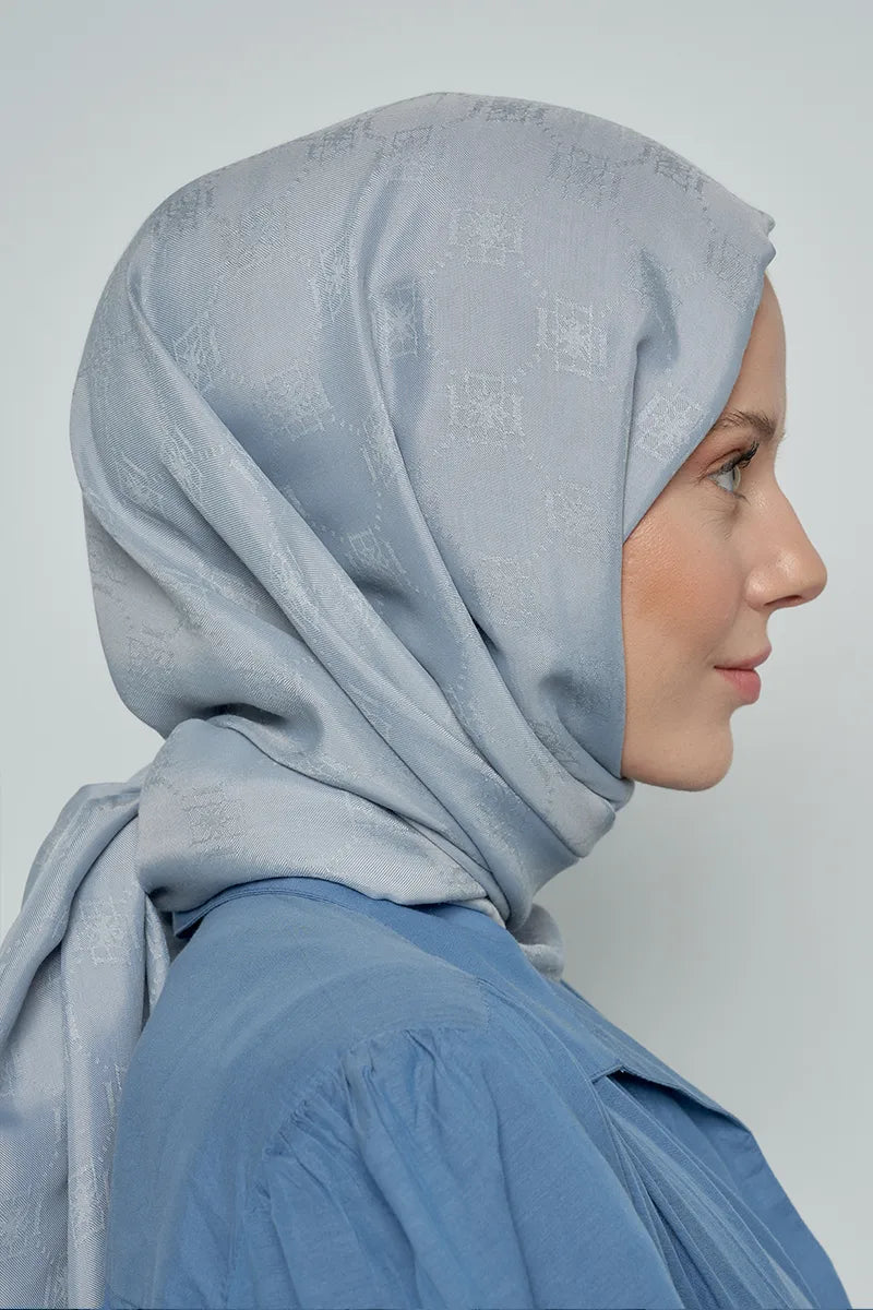 Jacquard Cotton Shawl with Monogram Pattern - Grey