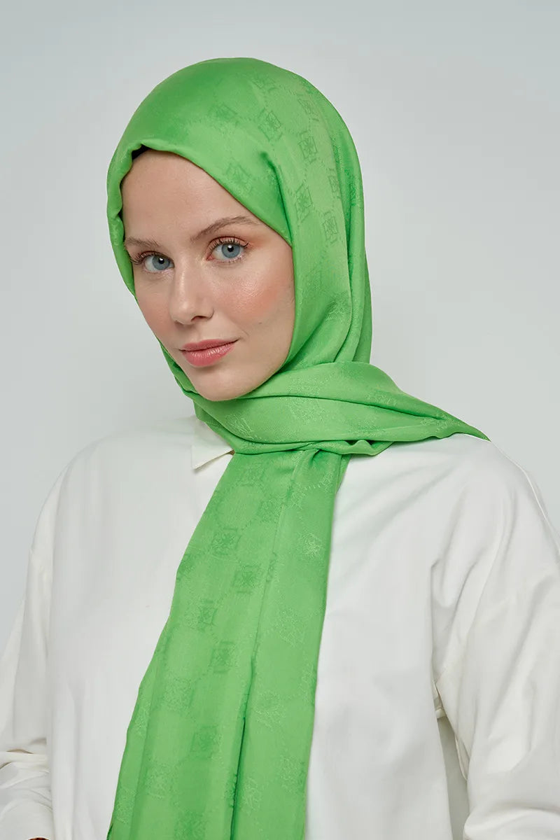 Jacquard Cotton Shawl with Monogram Pattern - Green