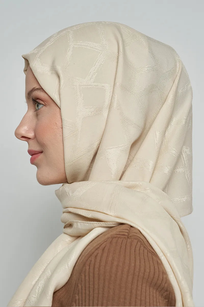 Jacquard Cotton Shawl Mosaic Pattern - Cream