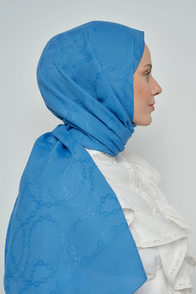 Jacquard Cotton Shawl with Chain Pattern - Blue