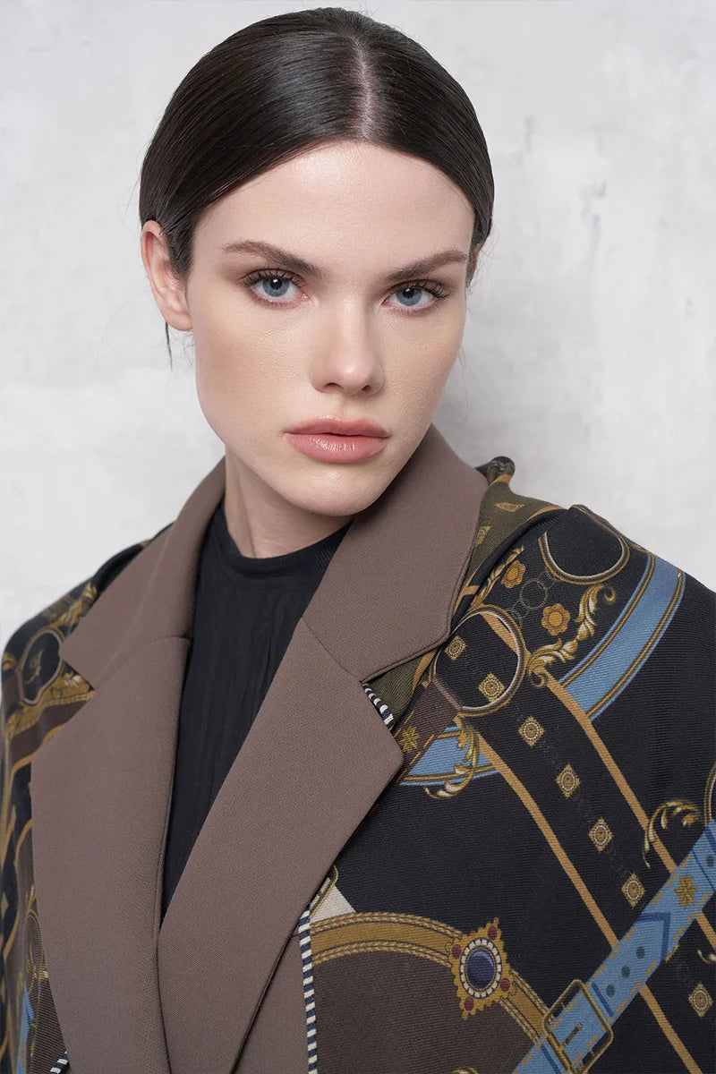 Belt Pattern Wool Silk Shoulder Shawl - Navy Blue