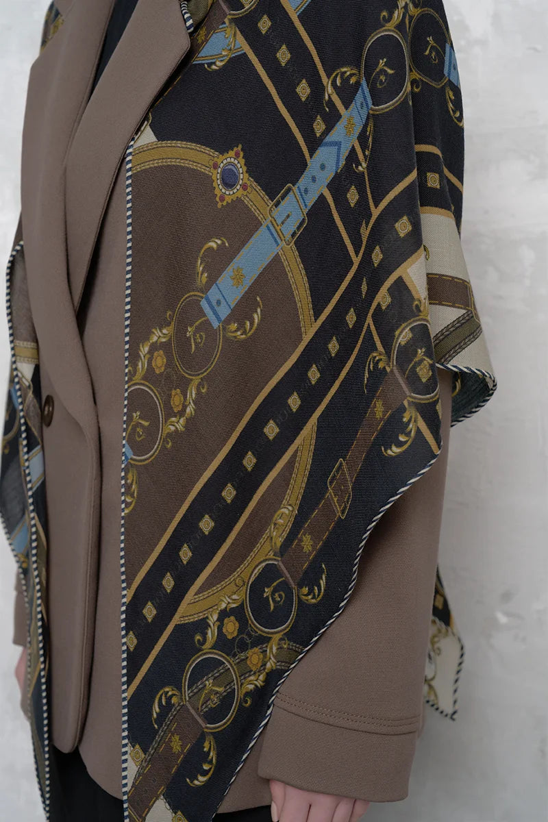 Kemer Desen Yün İpek Üçgen Omuz Şal - Lacivert