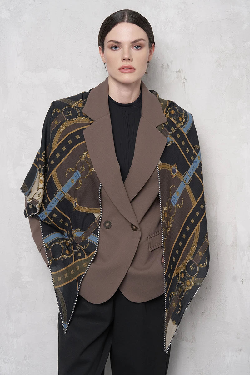 Kemer Desen Yün İpek Üçgen Omuz Şal - Lacivert