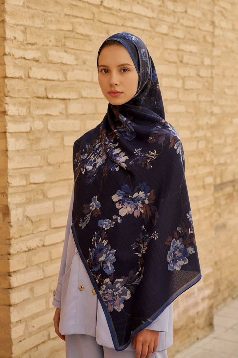 Leyha Wool Silk Shawl - Navy Blue
