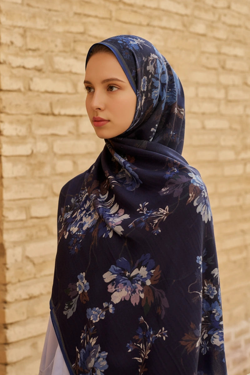 Leyha Wool Silk Shawl - Navy Blue