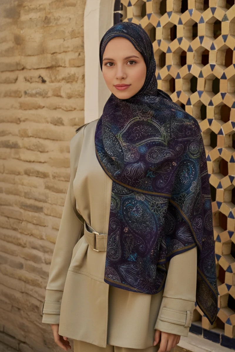 Mihr Yün İpek Şal - Lacivert