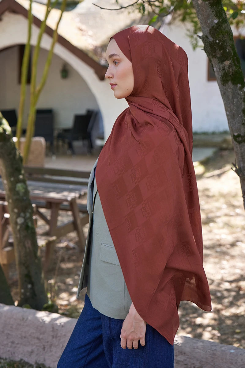 Naia Cotton Monogram Pattern Shawl- Terracotta