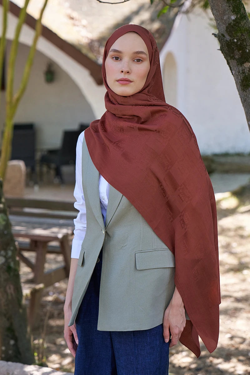 Naia Cotton Monogram Pattern Shawl- Terracotta