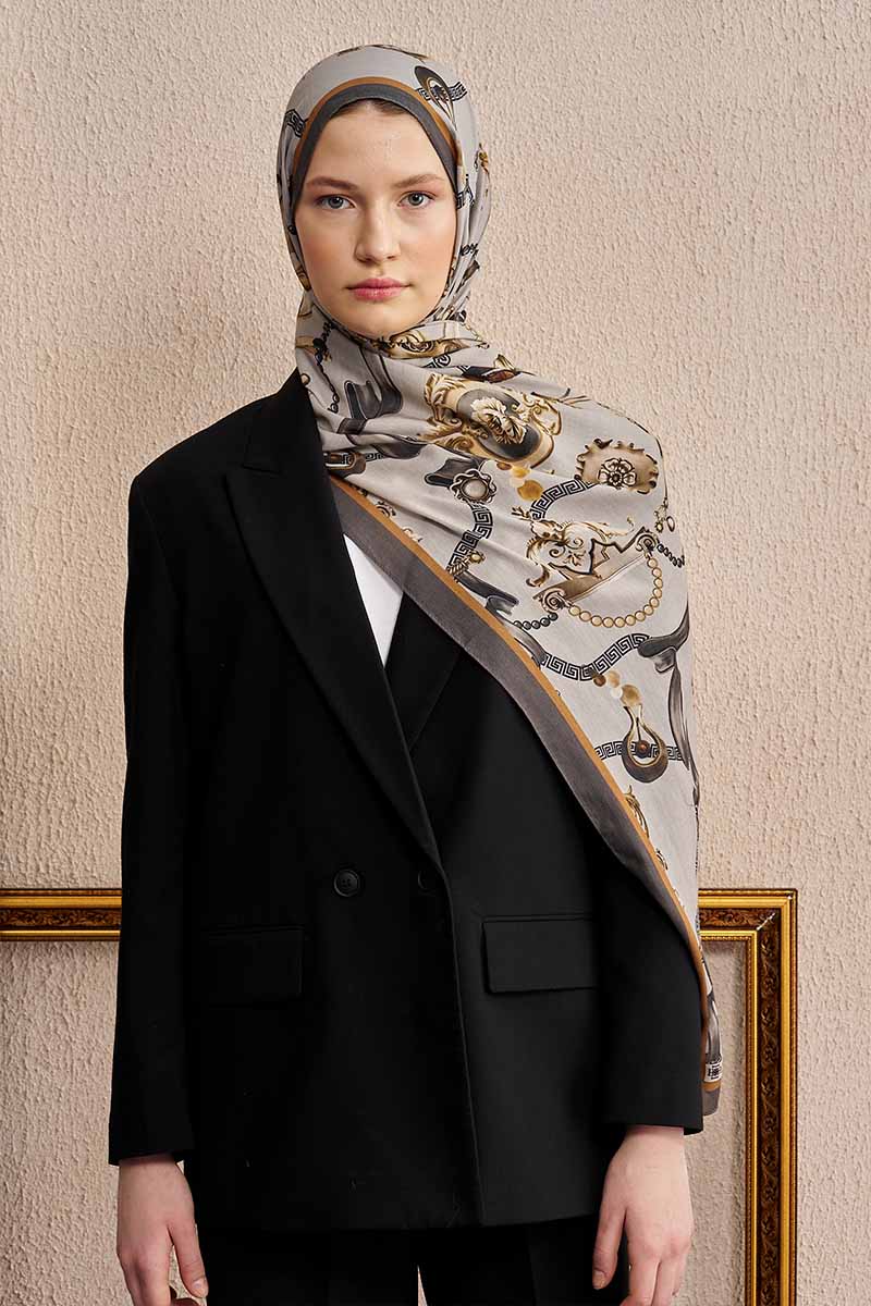 Pamuk İpek Baraque Şal - Gri