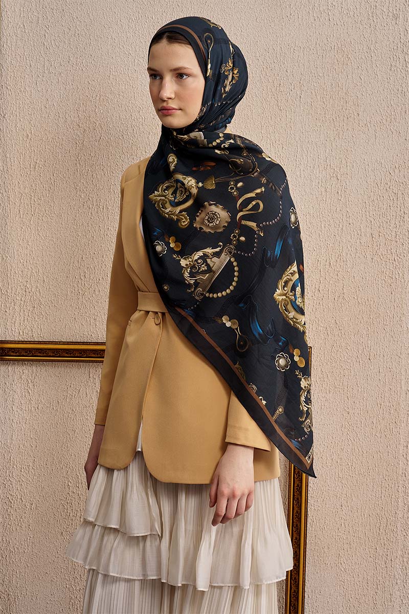 Pamuk İpek Baraque Şal - Lacivert