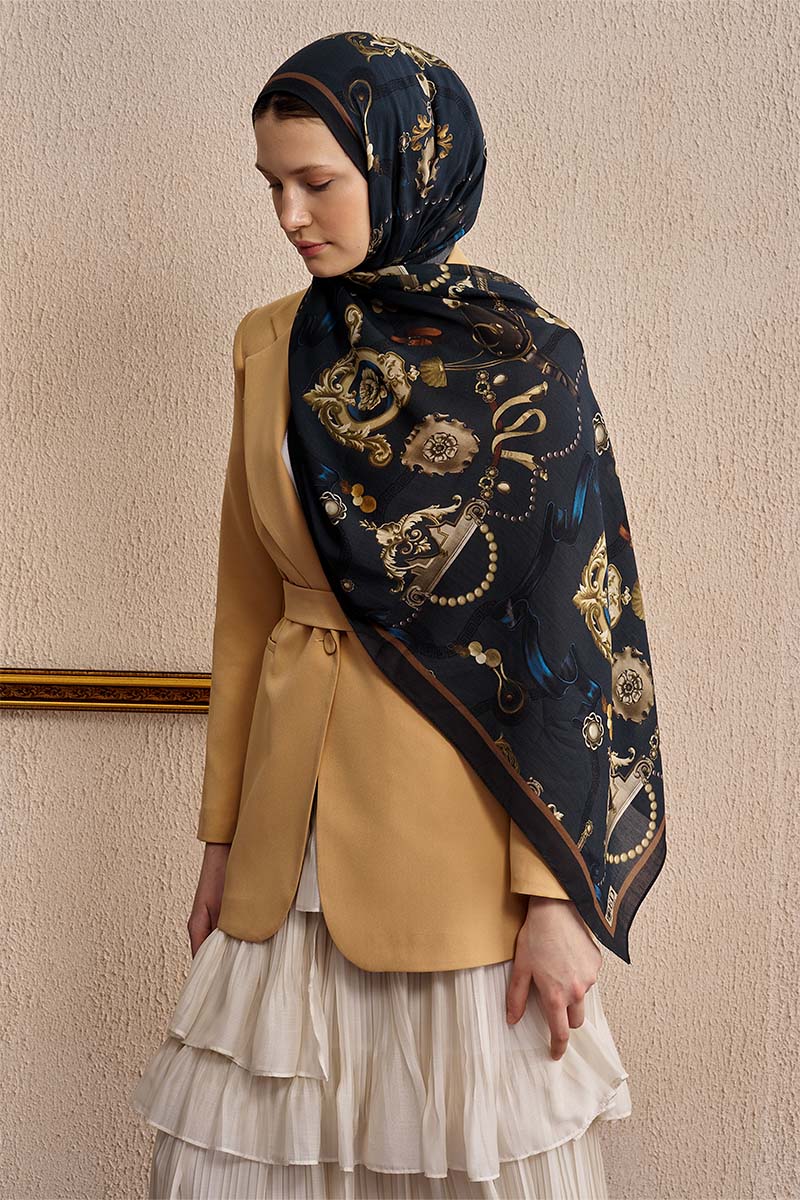 Pamuk İpek Baraque Şal - Lacivert