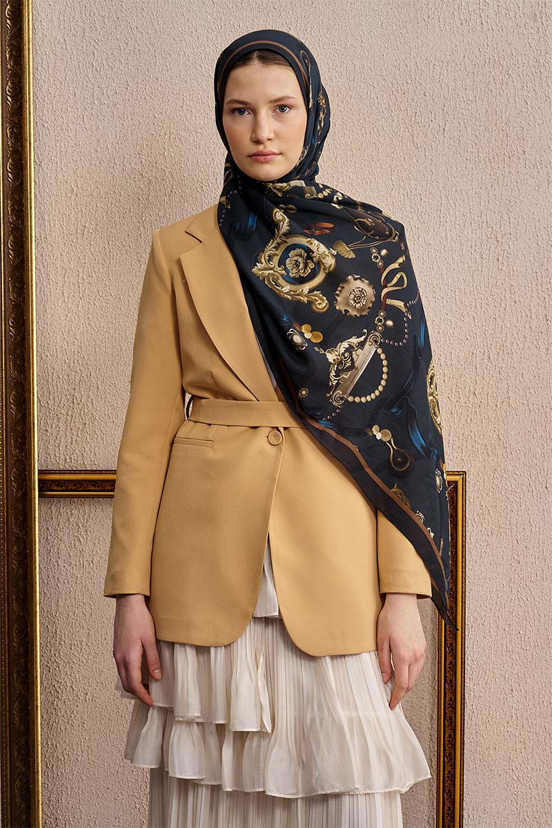 Pamuk İpek Baraque Şal - Lacivert