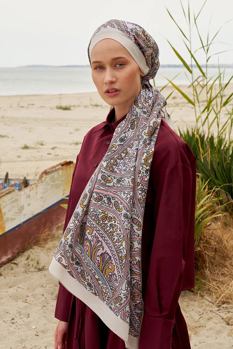 Ethnic Pattern Cotton Silk Shawl - Stone