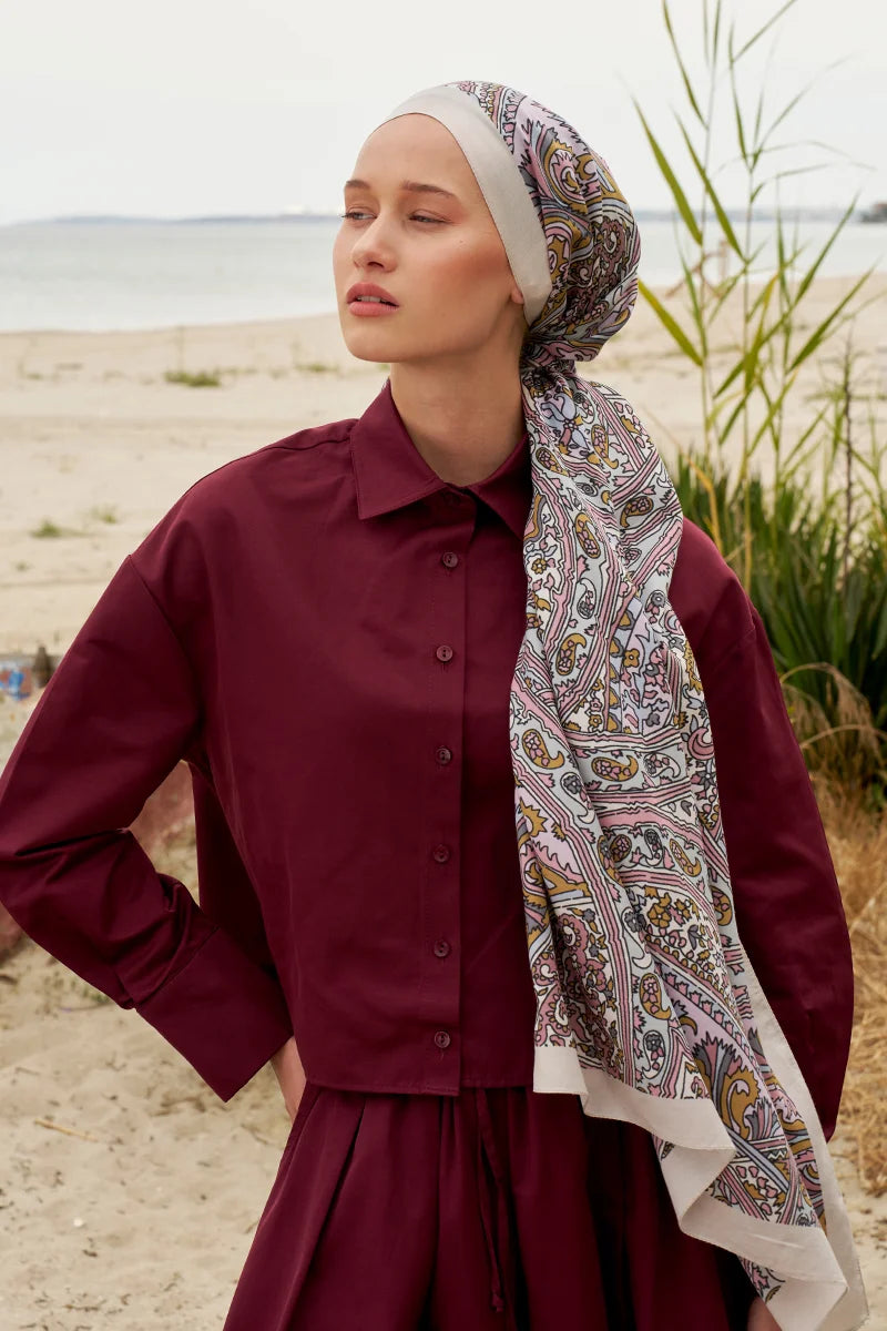 Ethnic Pattern Cotton Silk Shawl - Stone