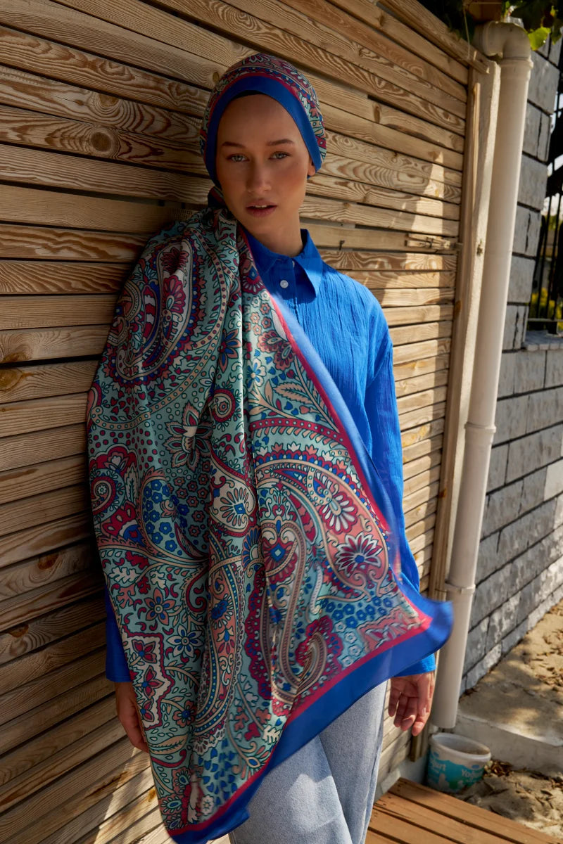 Karmaşık Desen Pamuk İpek Şal - Mavi