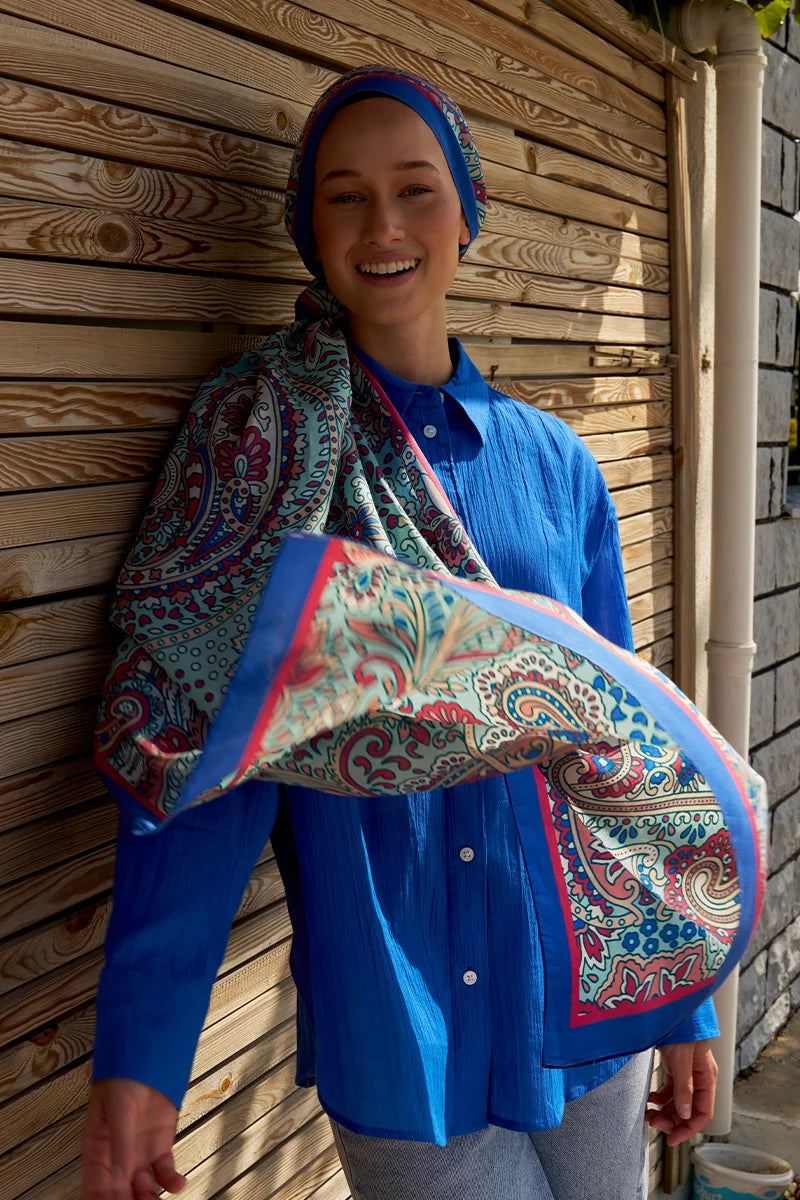 Complex Pattern Cotton Silk Shawl - Blue