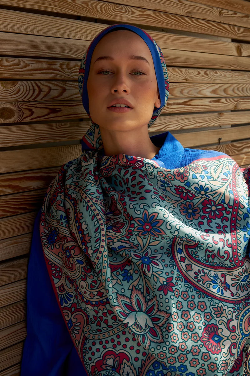 Complex Pattern Cotton Silk Shawl - Blue