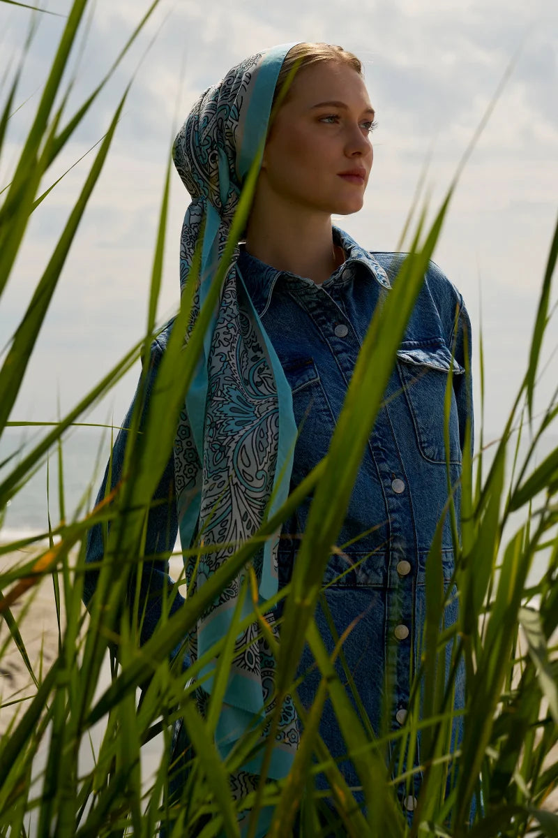 Karmaşık Desen Pamuk İpek Şal - Turkuaz Mavisi