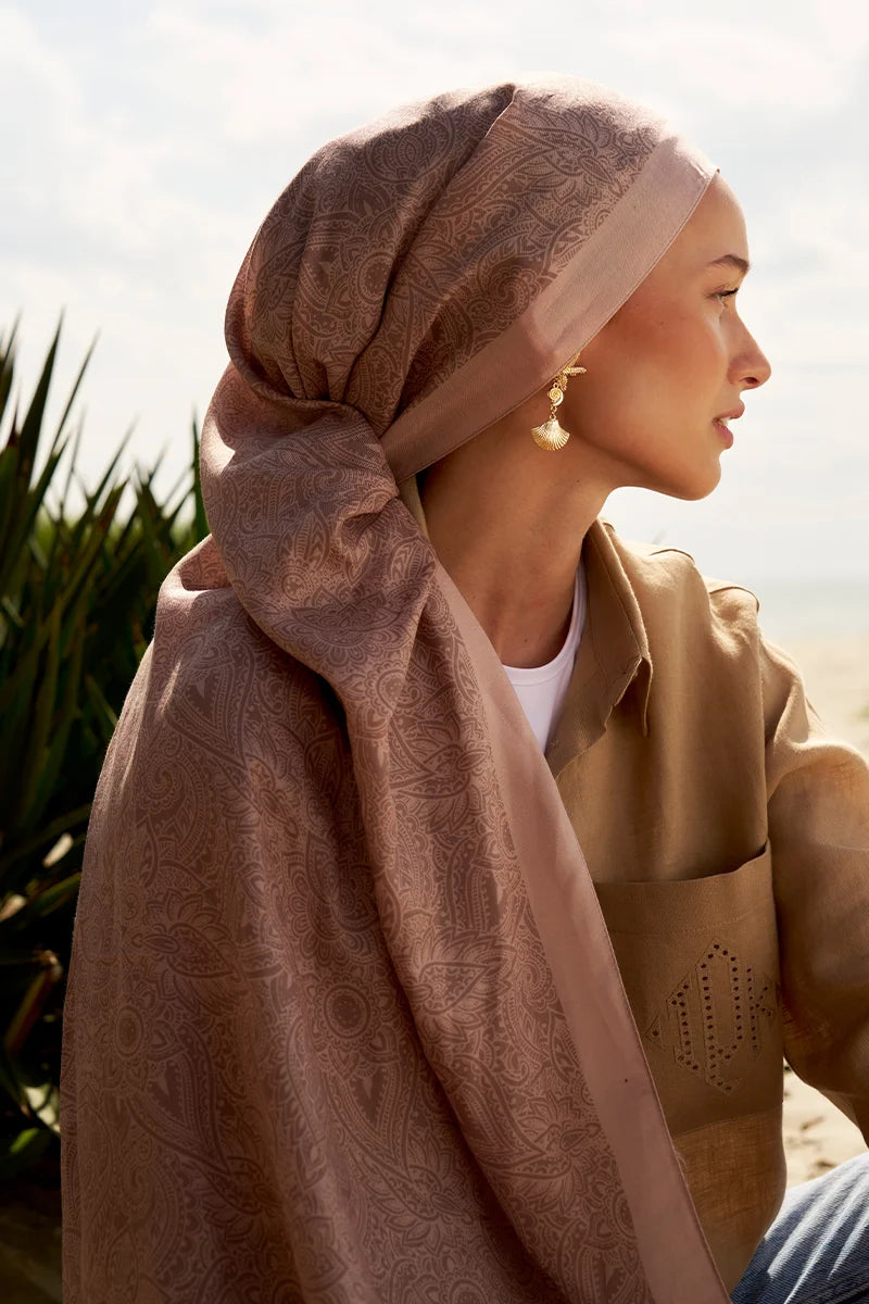 Kendinden Desenli Pamuk İpek Şal - Bej