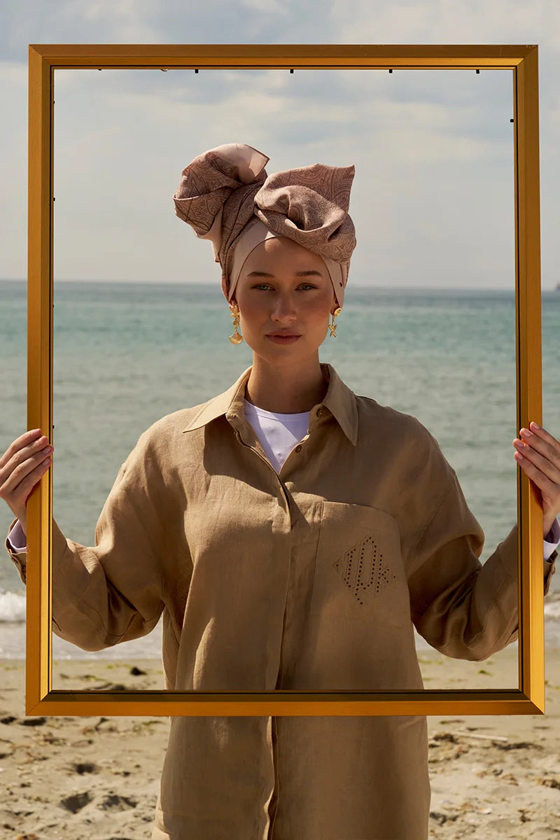 Kendinden Desenli Pamuk İpek Şal - Bej