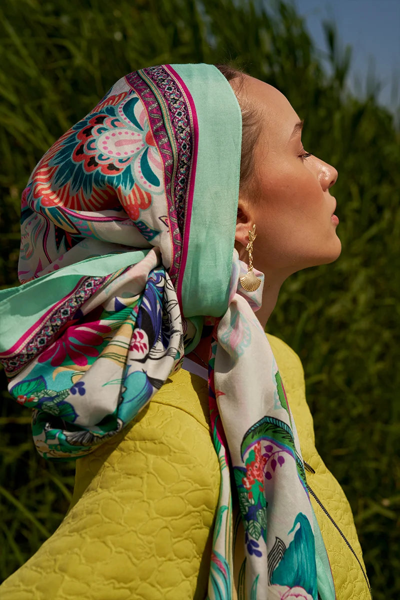 Tablo Desen Pamuk İpek Şal - Buz Yeşili