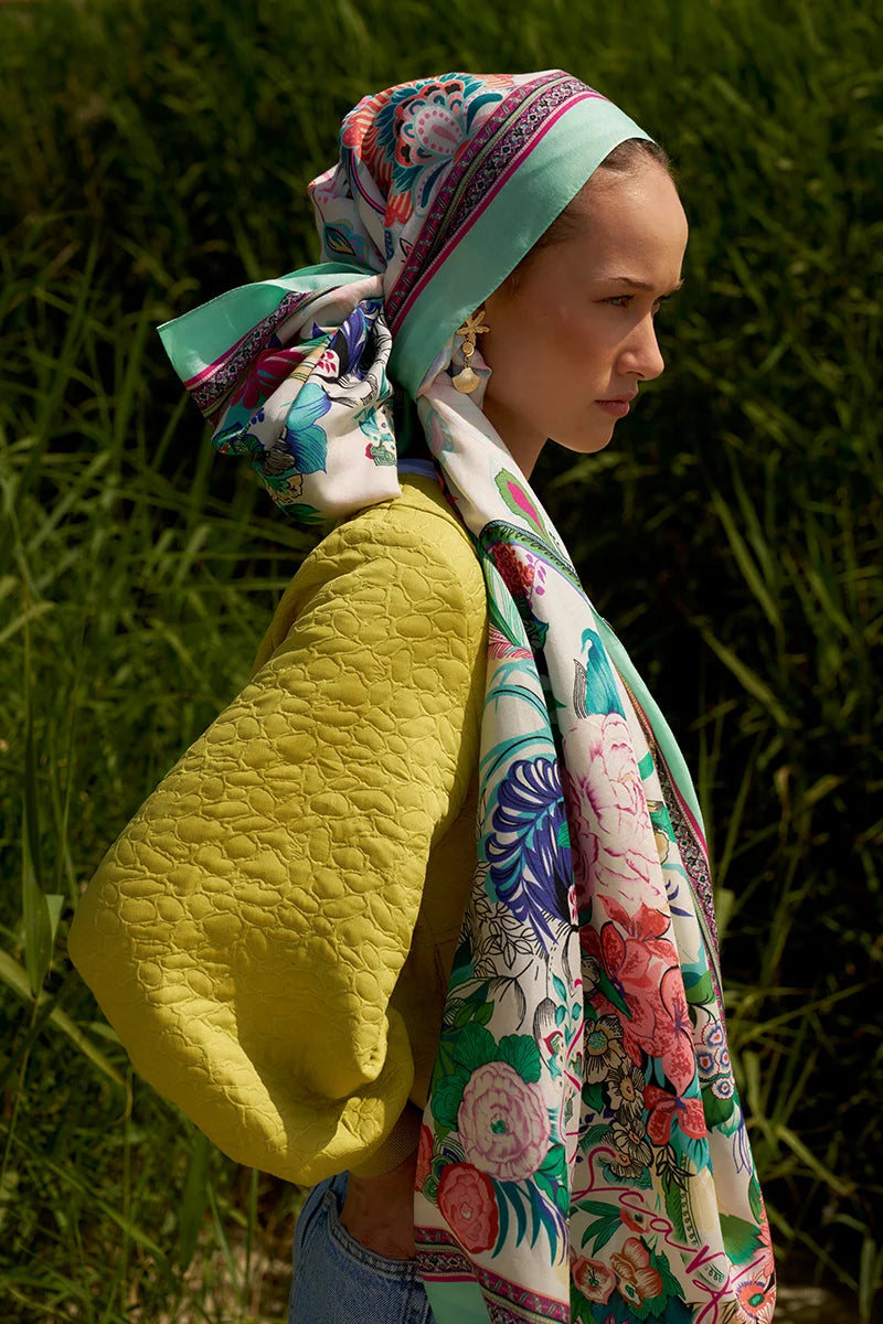 Tablo Desen Pamuk İpek Şal - Buz Yeşili