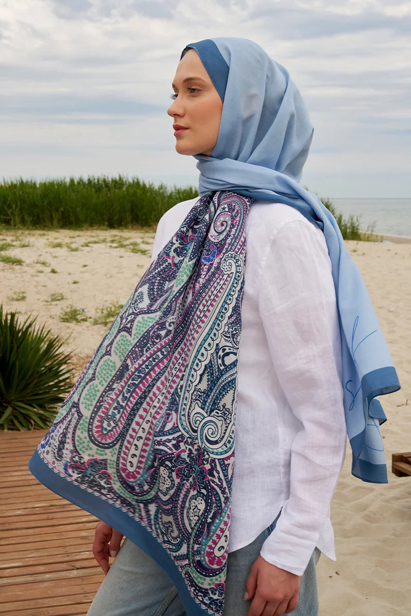 Tek Tarafı Desen Pamuk İpek Şal - Mavi