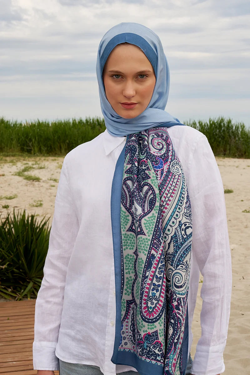 Tek Tarafı Desen Pamuk İpek Şal - Mavi