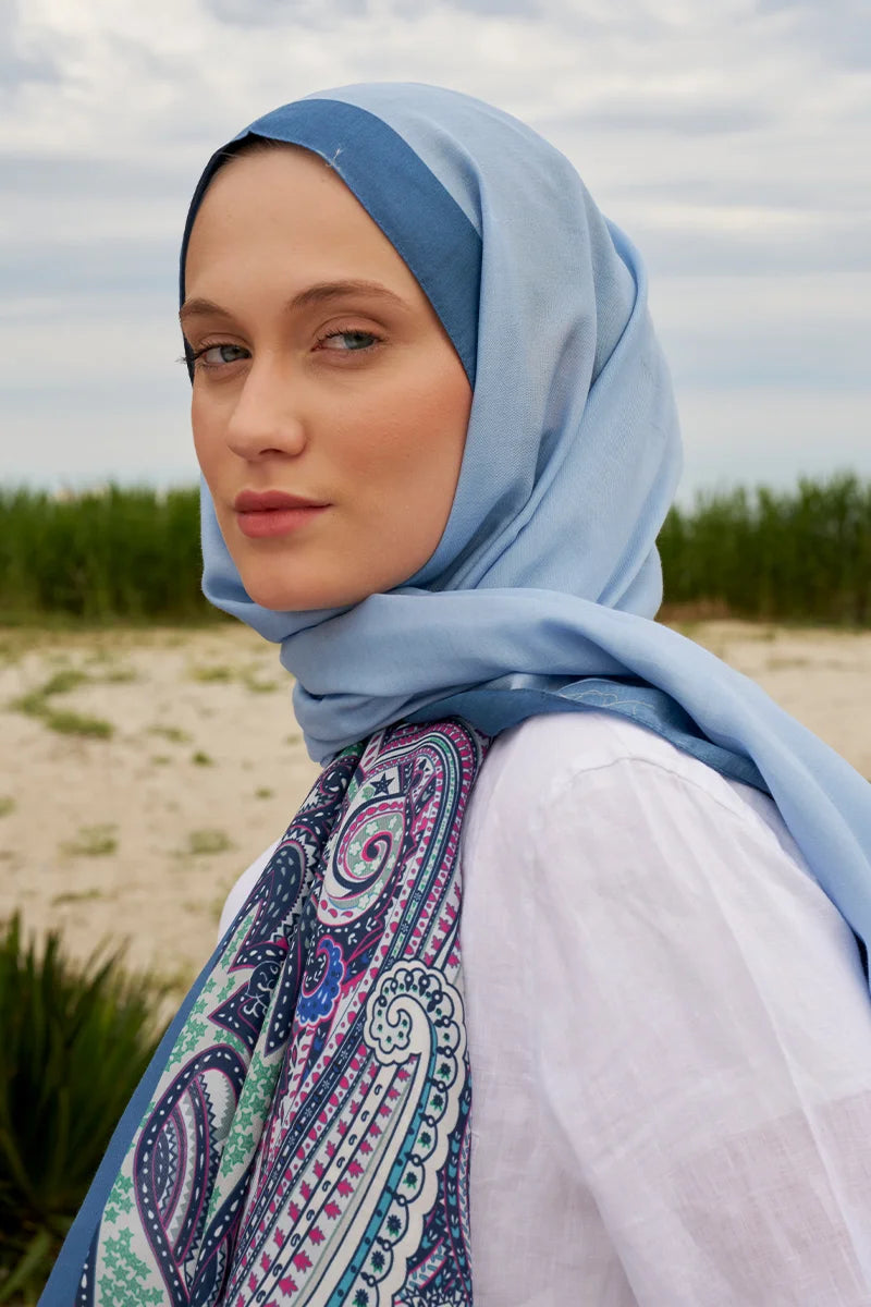 Single-Sided Patterned Cotton Silk Shawl - Blue