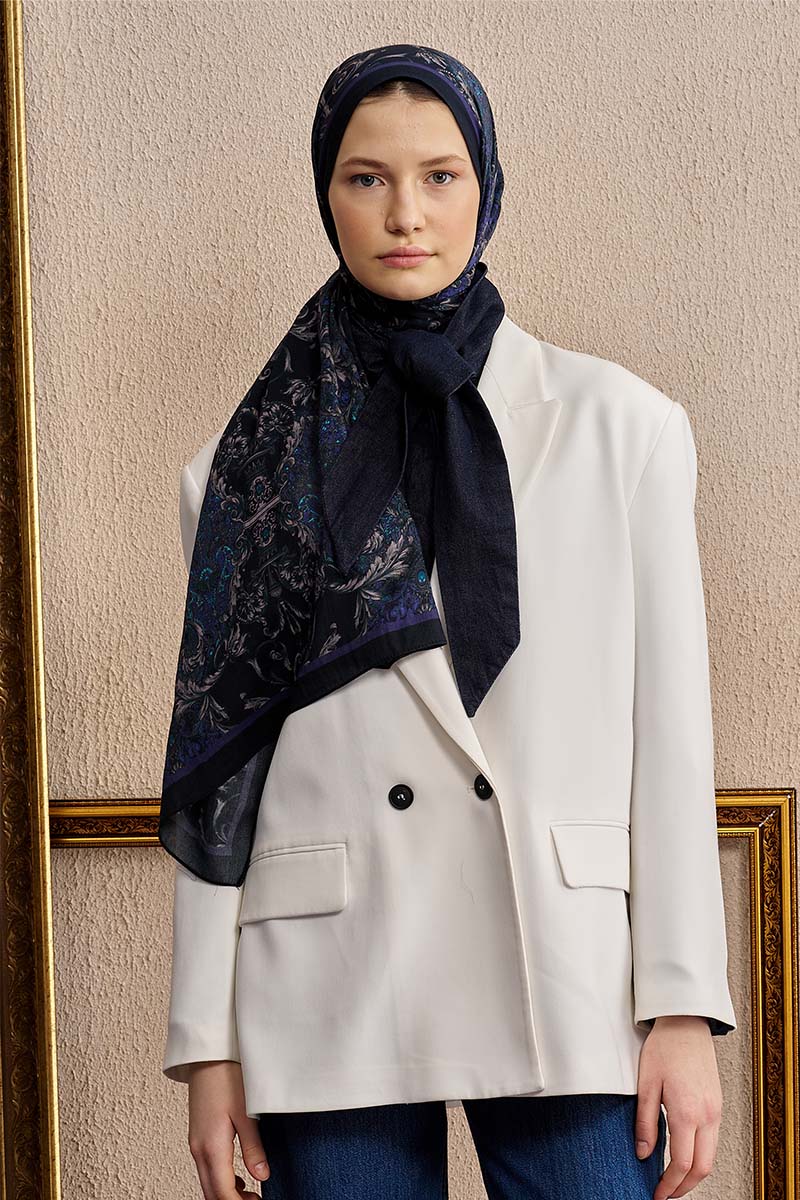 Pamuk İpek Ophelis Şal - Lacivert