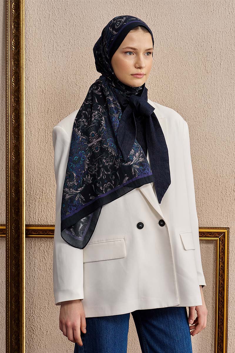 Pamuk İpek Ophelis Şal - Lacivert