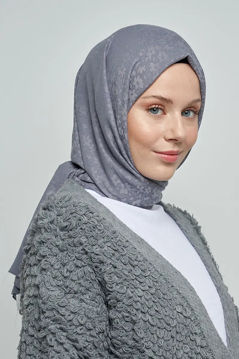 Cotton Shawl with Floral Pattern - Smoke Grey