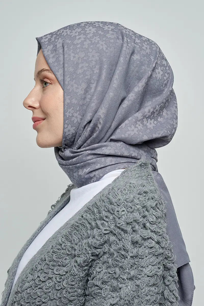 Cotton Shawl with Floral Pattern - Smoke Grey